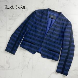 美品 Paul Smith ポール・スミス ブラック ボーダー柄ノーカラーショートジャケット 総裏 レディース 紺 黒 サイズ40*QC971