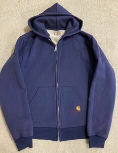 美品！ レアな90s USA製 アルミZip パーカー Carhartt カーハート M-L フーディー サーマル 紺 ネイビー Navy vintage ビンテージ