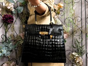 ●超美品●RODANIA ロダニア●トップハンドル●シャイニング クロコダイル 本 ワニ 革●ハンド バッグ●黒●ゴールド金具●腕掛け●Js52983