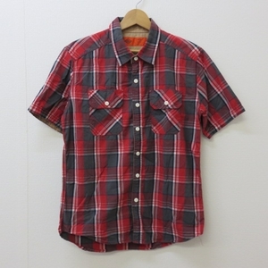 W831★Dickies ディッキーズ　チェック柄半袖シャツ　L　赤×グレー　8/22★A