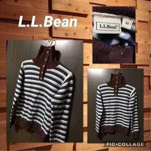 ◆L.L.Bean エルエルビーン 長袖 セーター 毛100% ウッドボタン付き ハイネック タートルネック ボーダー柄 マルチ レディースXS 美品