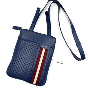 《極美品/希少色》BALLY バリー メンズ ビジネス トレスポ パンチング レザー ショルダーバッグ サコッシュ 斜め掛け ロイヤルブルー