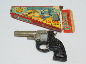 ■希少 未使用 1960年代 共箱付 日本製！駄菓子屋玩具 総金属製（ブリキ）CROWN PISTOL（クラウン ピストル） 全長約17.5ｃｍ