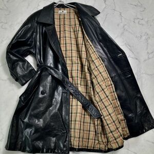 本革 レザートレンチコート レザージャケット ロング 裏地チェック柄 ベルト 牛革(CUIR) メンズL~XL相当 黒 ブラック系 LIBERTY FUR