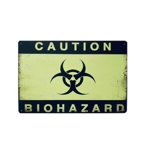 K46 新品●ブリキ看板 バイオハザード 「CAUTION BIOHAZARD」注意 警告 アメリカ雑貨 インテリア ビンテージ サインプレート