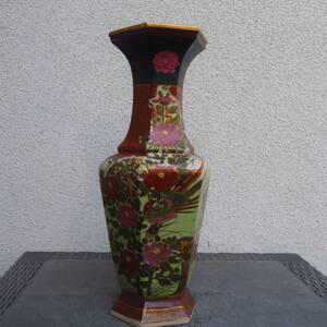 旧家整理品 高さ52cm 薩摩焼 湖東 金彩色絵花鳥図花瓶 飾壷 壺 花入 在銘 骨董品 古美術品 425