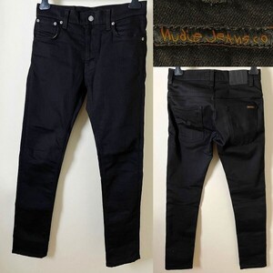 【美品 定価23100円 正規品】NudieJeans ヌーディージーンズ THIN FINN シンフィン Dry Ever Black ストレッチ ブラックデニムパンツ W30