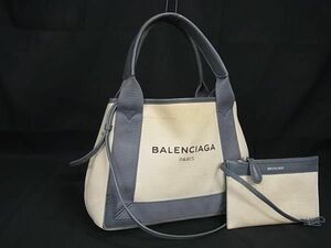 1円 BALENCIAGA バレンシアガ 390346 ネイビーカバス キャンバス×レザー 2WAY ハンドバッグ ショルダー アイボリー系×グレー系 BM2458