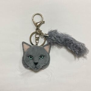 羊毛フェルト 猫キーホルダー ロシアンブルー しっぽチャーム付き