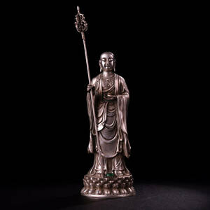 【古寶奇蔵】銅製・銀鍍・寶石嵌・地藏王菩薩像・置物・賞物・中国時代美術