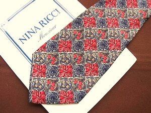 ♪20057C♪良品【花 植物 格子 装飾 柄】ニナリッチ【NINA RICCI】ネクタイ