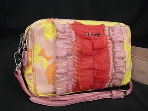 1円 ■美品■ miumiu ミュウミュウ キャンバス×レザー クロスボディ ショルダーバッグ レディース ピンク系×イエロー系 AY5971