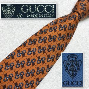 GUCCI グッチ　ネクタイ　ホースビット　総柄　シルク100% イタリア製　レンガブラウン　ビジネス