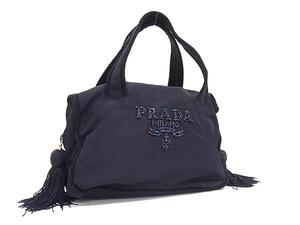 1円 PRADA プラダ テスートナイロン ビーズ タッセル ハンドバッグ トート レディース ネイビー系 FF4789