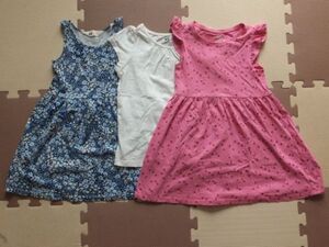 ◆H&M 子供用 ワンピース2枚 シャツ1枚のセット サイズ90くらい◆中古 古着 エイチアンドエム 女子 女の子 キッズ Kids ハート ラメ 花柄