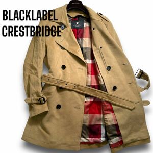 極美品/L◎BLACKLABEL CRESTBRIDGE トレンチコート ウール CBチェック ベルト ロング ベージュ ブラックレーベルクレストブリッジ メンズ 