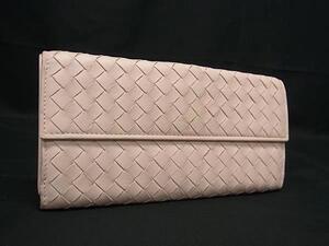 1円 ■美品■ BOTTEGA VENETA ボッテガヴェネタ イントレチャート レザー Wホック 二つ折り 長財布 ウォレット ピンクベージュ系 BI6067