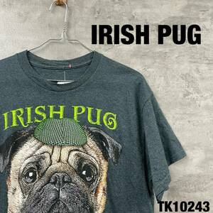 IRISH PUG アイリッシュパグ Tシャツ 半袖 モスグリーン メンズ コットン クルーネック アニマル 犬 ビッグプリント 海外輸入 古着 TK10243