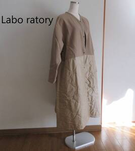 Laboratory★ラボラトリー　ベージュ　ウールナイロンキルトパッチ柄コート　F