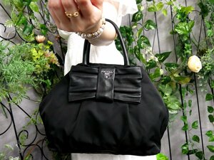 ●超美品●PRADA プラダ●リボン●ポコノ ナイロン ラム レザー 本革●ハンド バッグ●黒●SV金具●腕掛け●B5 収納●書類 かばん●Js47940