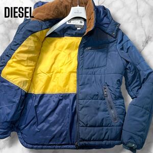 幻級XXL!!! DIESEL ダウンジャケット バイカラー 切替 コーデュロイ アウター レザーパッチ フード着脱 2way ネイビー 青系 ディーゼル 3L