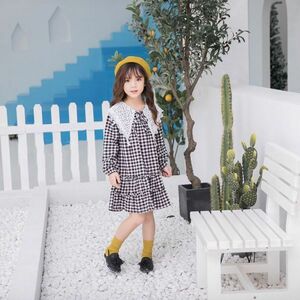 ♪ｍineka♪キッズレースネックチェック柄ワンピース 子供服 長袖 普段着 通園 遠足 外出 ブラック おしゃれ カジュアル 120cm 908198/6T