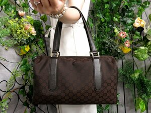 超美品●GUCCI グッチ●GGナイロン カーフ レザー 本革●ボストン バッグ●ブラウン●イタリア製●肩掛け●B5 収納●書類 かばん●Js48637