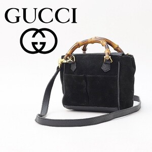 ◆GUCCI グッチ スエード×レザー バンブー 2Way 斜め掛け ショルダー ミニ ハンド バッグ 黒 ブラック