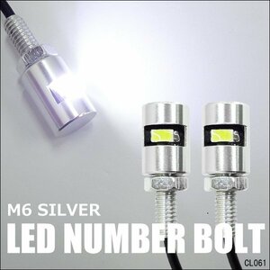 ナンバーボルト [銀] 2個組 LED内蔵 ナンバー灯 M6 アルミ ライセンスプレート 汎用 メール便送料無料/20К