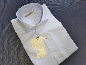 M寸・半袖新品／日本製・ホリゾンタルカラーシャツ■ライトブルー色シャンブレー