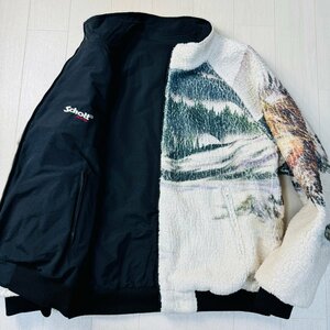 美品/2XLサイズ★ショット/Schott 和総柄 N.Y.C ボアフリース リバーシブル ブルゾン ジャケット 2WAY 胸ロゴ刺繍 水墨画調 メンズ 白黒