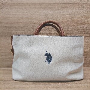 ◇ U.S. POLO ASSN. 異素材 刺? ブランドロゴ 裏地 カジュアル コンパクト シンプル トートバッグ ベージュ レディース E