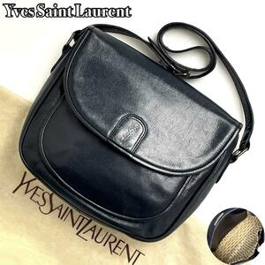 【美品】Yves Saint Laurent イヴサンローラン ショルダーバッグ 斜め掛け カサンドラ YSL 裏地総柄 ユニセックス レザー 黒 ブラック