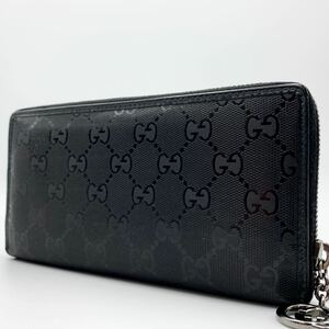 1円 GUCCI グッチ 長財布 ウォレット ラウンドファスナー インプリメ GG インターロッキング PVC ブラック 黒 メンズ 金具