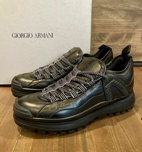 超特価 新品 帝王 GIORGIO ARMANI ジョルジオ アルマーニ 上質な黒革製 傑作 トレッキングシューズ ダット スニーカー メンズ UK7 26cm