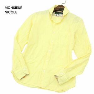 MONSIEUR NICOLE Exclusive Line ムッシュ ニコル BEZ社生地★ 麻 リネン混 長袖 ホリゾンタルカラー シャツ Sz.46　メンズ　A4T02876_3#A