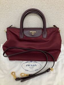 j12d323 PRADA ハンドバッグ ショルダーバッグ ゴールド金具 ナイロン レザー 2way ボルドー　美品