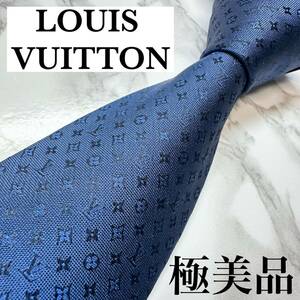 未使用級 現行タグ LOUIS VUITTON ネクタイ シルク100% モノグラミッシム クラシック LVロゴ レギュラータイ ブランドロゴ 刺繍 ネイビー