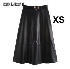 vintage ヴィンテージ レトロ ベルト付き フェイクレザー フレアスカート ボトムス XSサイズ レディース★ZARA 好きな方に★秋新作 新品★