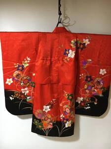 女の子用着物　女児和装　祝い着　七五三　赤色　花柄　和服　中古品