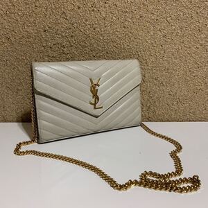 希少　SAINT LAURENT サンローラン　Vステッチ　チェーンウォレット　ホワイト系　ショルダーバッグ　ゴールド金具