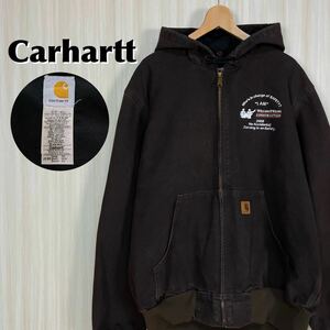 ☆入手困難☆企業物☆メキシコ製☆Carhartt カーハート 刺繍ロゴ 革タグ 裏地付 ダックパーカー アクティブジャケット L 茶 ブラウン 古着