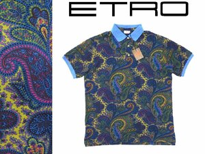 9万新品◆XL◆【ETRO】エトロ◆イタリア製コットン100%ペイズリー柄鹿の子ポロシャツ青紺 1円