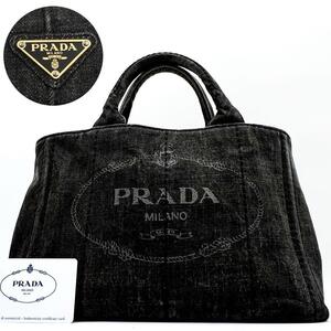 《美品》ギャランティカード付 PRADA プラダ カナパS デニム 三角ロゴ トートバッグ ハンドバッグ ブラック 手提げ