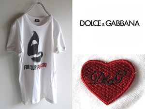 ネコポス対応 D&G ドルチェ&ガッバーナ ハートワッペン 唇/リップ FOR YOUR PLEASURE プリントTシャツ 半袖カットソー 44 白 ホワイト