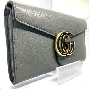 美品/人気デザイン●GUCCI グッチ メンズ レディース 長財布 折り財布 デカマーモント ビッグ GG レザー 本革 グレー 灰色