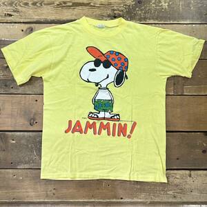 70~80S VINTAGE！PEANUTS SNOOPY 半袖Tシャツ イエロー ARTEXボディ Lサイズ シングルステッチ ポリエステル混紡 USED