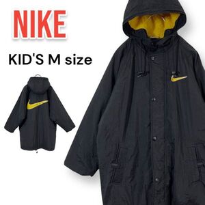 【レア】NIKE 90s 銀タグ スウッシュロゴ 裏ボア フーテッドコート ナイキ ベンチコート 黒 ブラック 子供 Mサイズ 00s 古着 ビンテージ