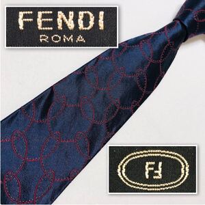 ■美品■FENDI フェンディ　ネクタイ　サークル　縫い目　ステッチ　総柄　シルク100% イタリア製　ネイビー×レッド　ビジネス