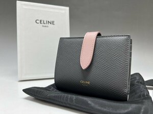 新品 CELINE スモール ストラップ ウォレット カーフスキン 二つ折り財布 10H263BRU グレー×ピンク 小銭入れ有 レディース 質セブン